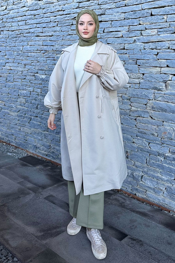 Frau Bel Büzgülü Trençkot - Taş Rengi - HENZA (1)
