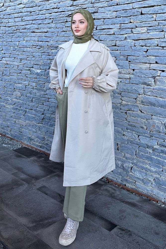 Frau Bel Büzgülü Trençkot - Taş Rengi - HENZA (4)