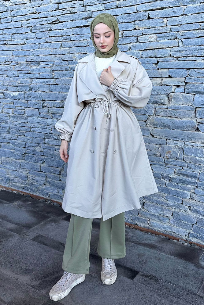 Frau Bel Büzgülü Trençkot - Taş Rengi - HENZA (5)