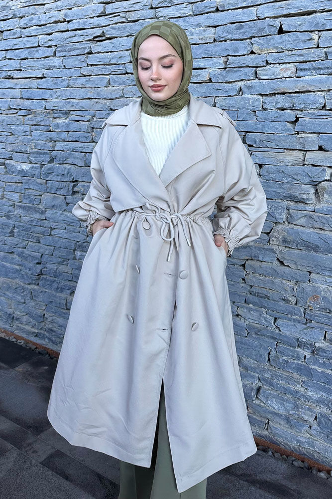Frau Bel Büzgülü Trençkot - Taş Rengi - HENZA (2)