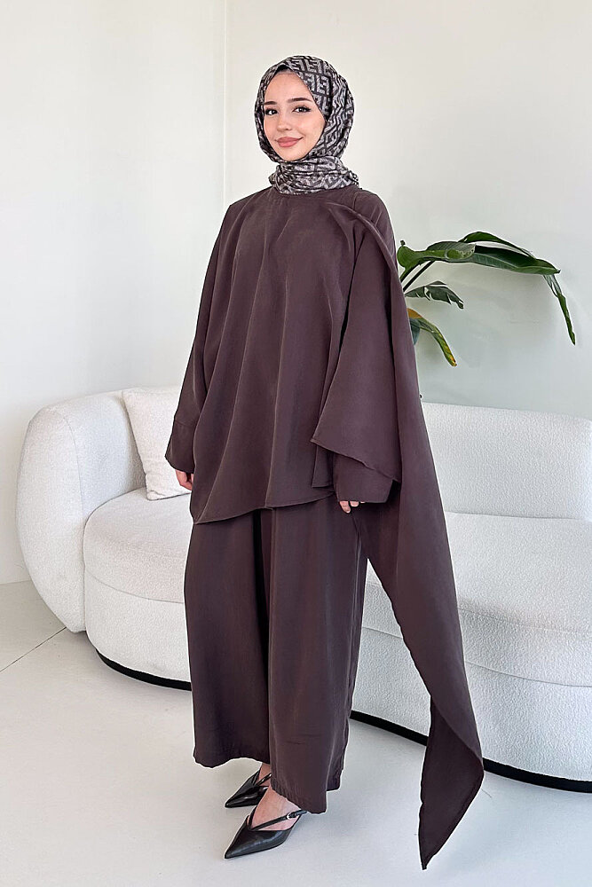 Freya Şal Detaylı Pantolon Takım - Kahverengi - 3