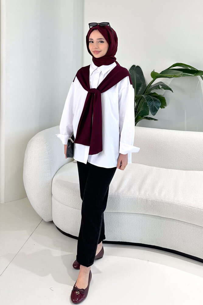 Fular Detaylı Gömlek - Bordo - 3