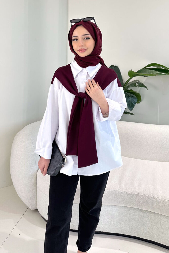 Fular Detaylı Gömlek - Bordo - 1