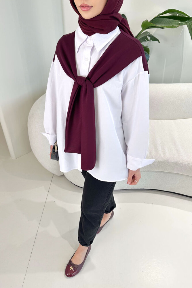 Fular Detaylı Gömlek - Bordo - 5
