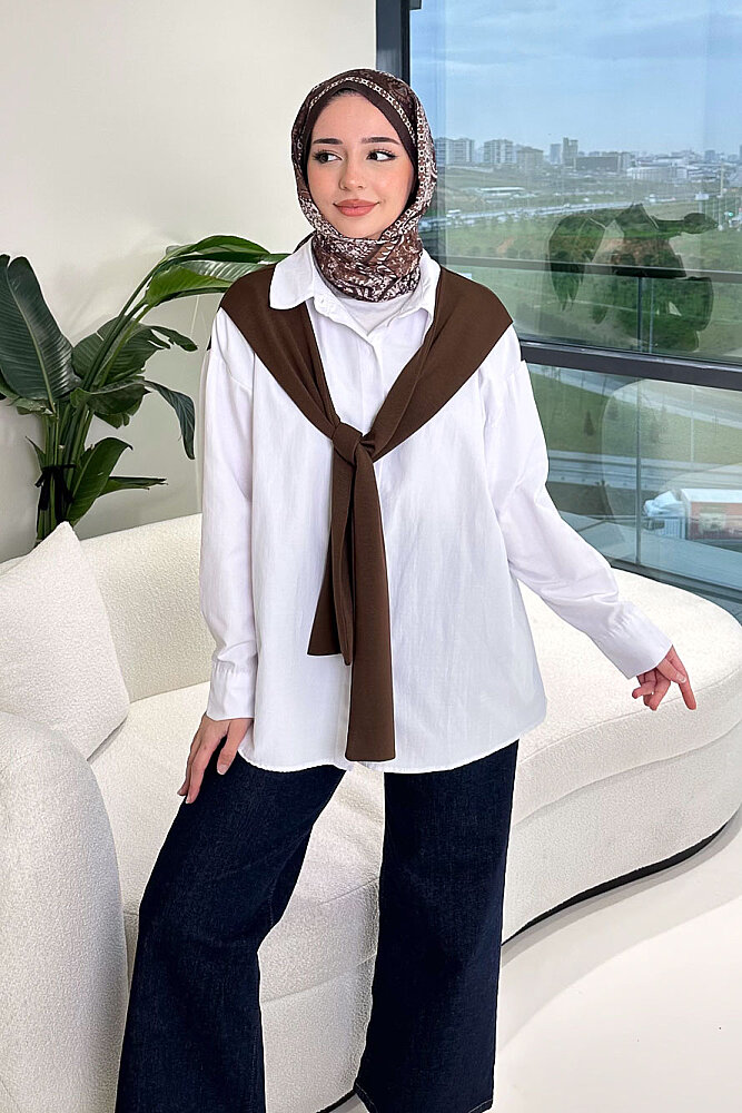 Fular Detaylı Gömlek - Kahverengi - 3