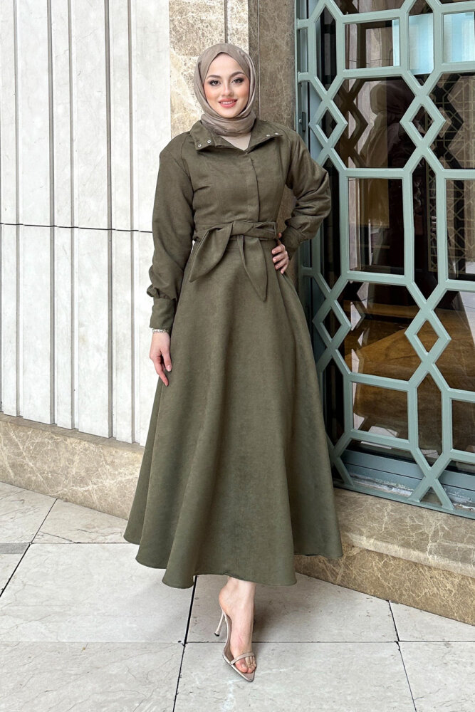 Fularlı Düğmeli Etekli Takım - Haki - HEWES (0)