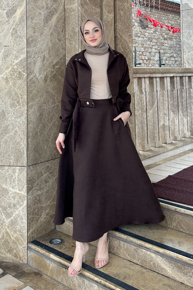 Fularlı Düğmeli Etekli Takım - Kahverengi - HEWES (2)