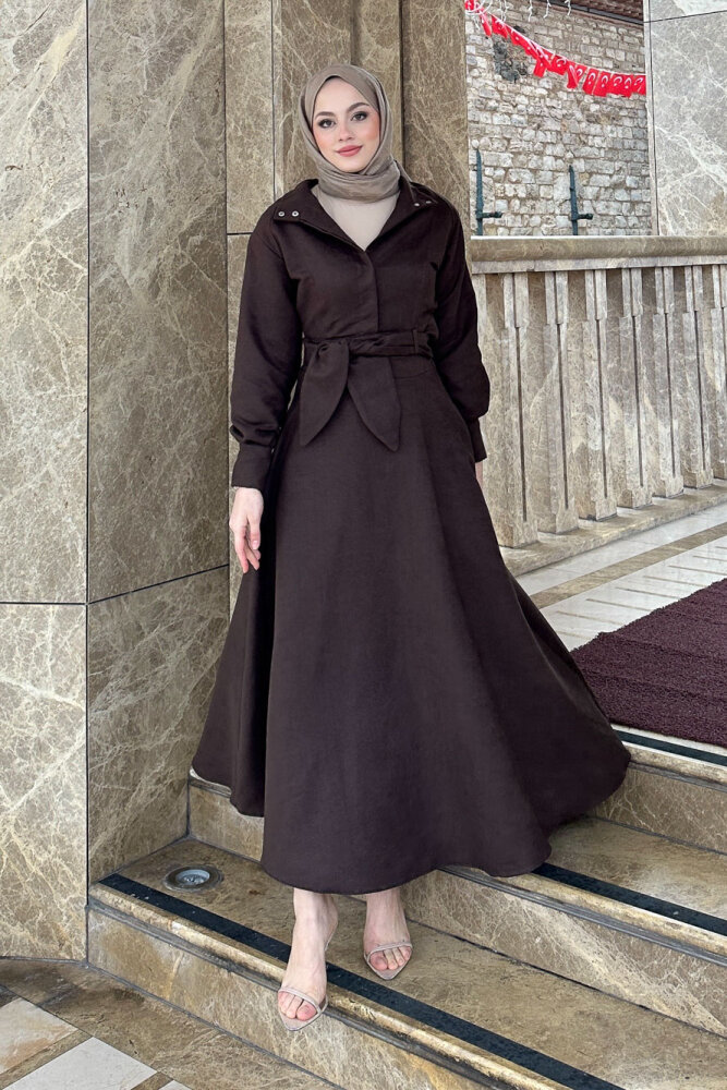 Fularlı Düğmeli Etekli Takım - Kahverengi - HEWES (0)