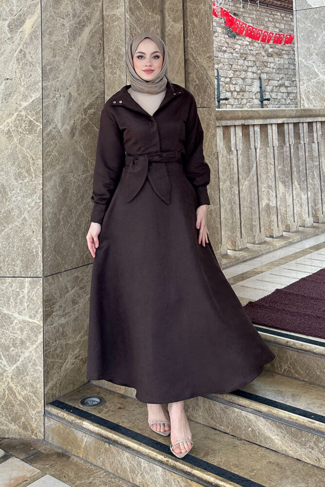 Fularlı Düğmeli Etekli Takım - Kahverengi - HEWES (5)