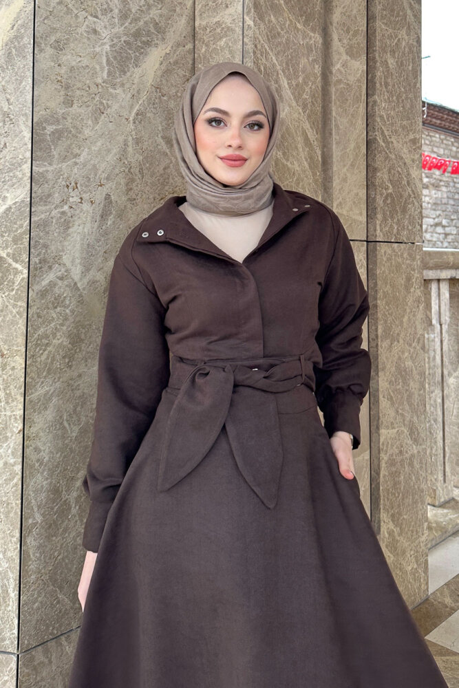 Fularlı Düğmeli Etekli Takım - Kahverengi - HEWES (3)