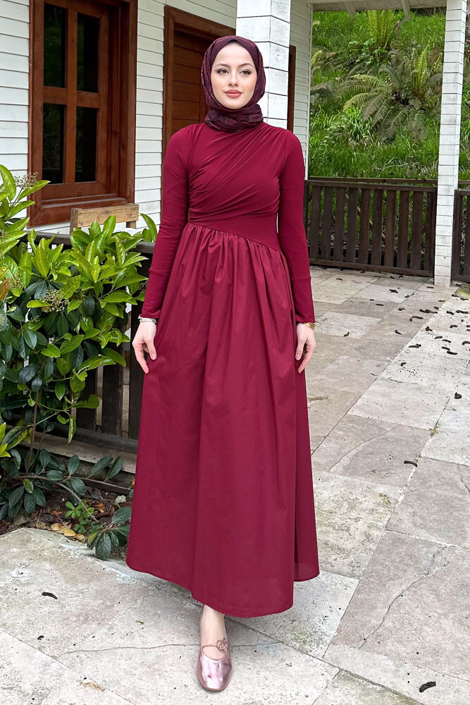 Garnili Asimetrik Elbise - Bordo - 4