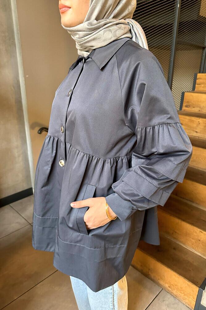 Garnili Astarlı Kısa Trençkot - Lacivert - LİNE (2)