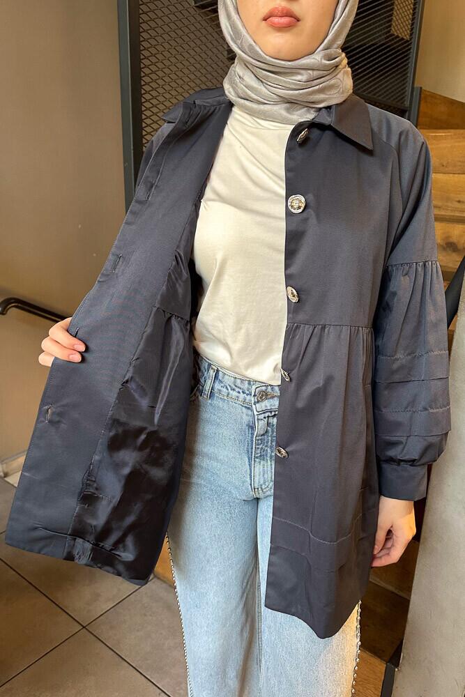 Garnili Astarlı Kısa Trençkot - Lacivert - LİNE (5)