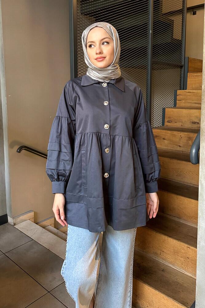 Garnili Astarlı Kısa Trençkot - Lacivert - LİNE (1)