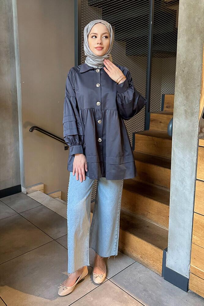 Garnili Astarlı Kısa Trençkot - Lacivert - LİNE (3)