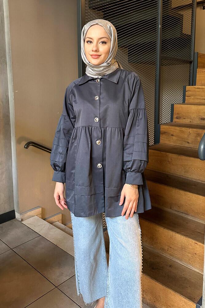 Garnili Astarlı Kısa Trençkot - Lacivert - LİNE (4)