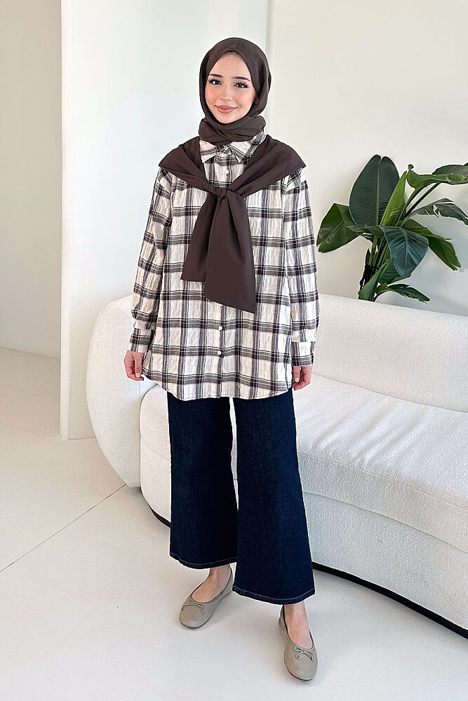 Garnili Fular Detaylı Gömlek - Bej - ENMA (0)