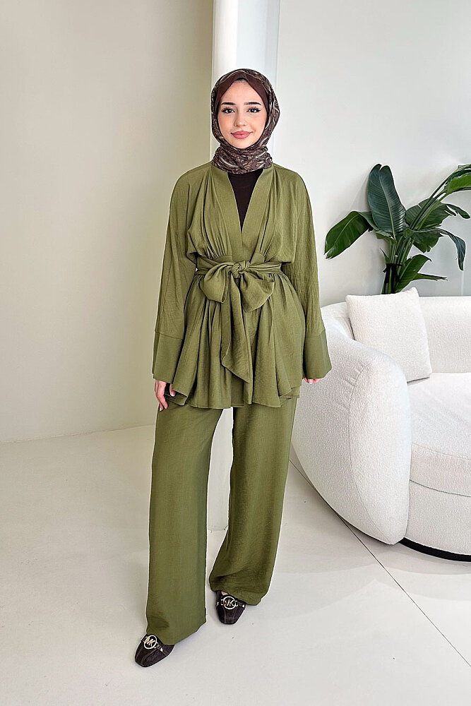 Geniş Kol Bağlama Detaylı Pantolon Takım - Haki - QUB (3)