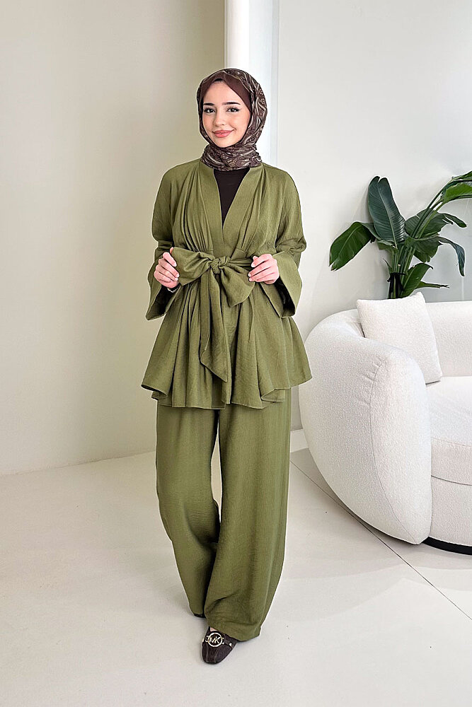 Geniş Kol Bağlama Detaylı Pantolon Takım - Haki - 6
