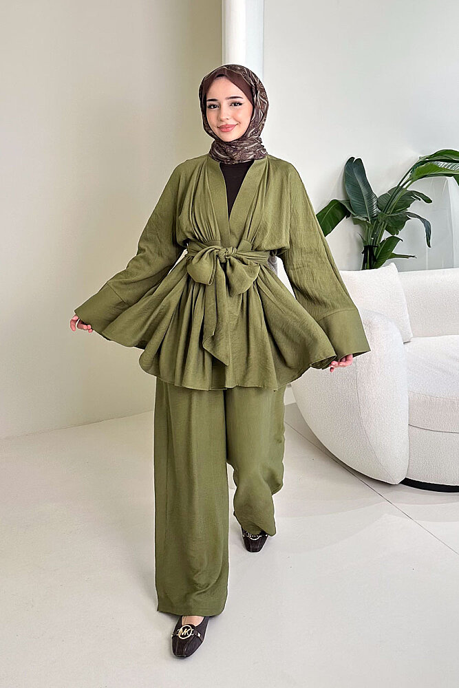 Geniş Kol Bağlama Detaylı Pantolon Takım - Haki - 1