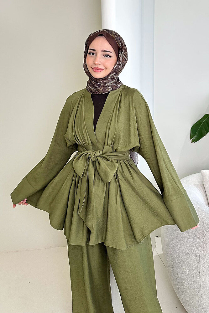 Geniş Kol Bağlama Detaylı Pantolon Takım - Haki - 2