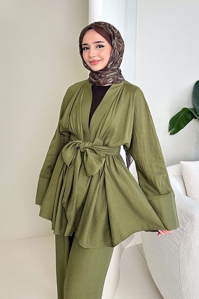 Geniş Kol Bağlama Detaylı Pantolon Takım - Haki - 5