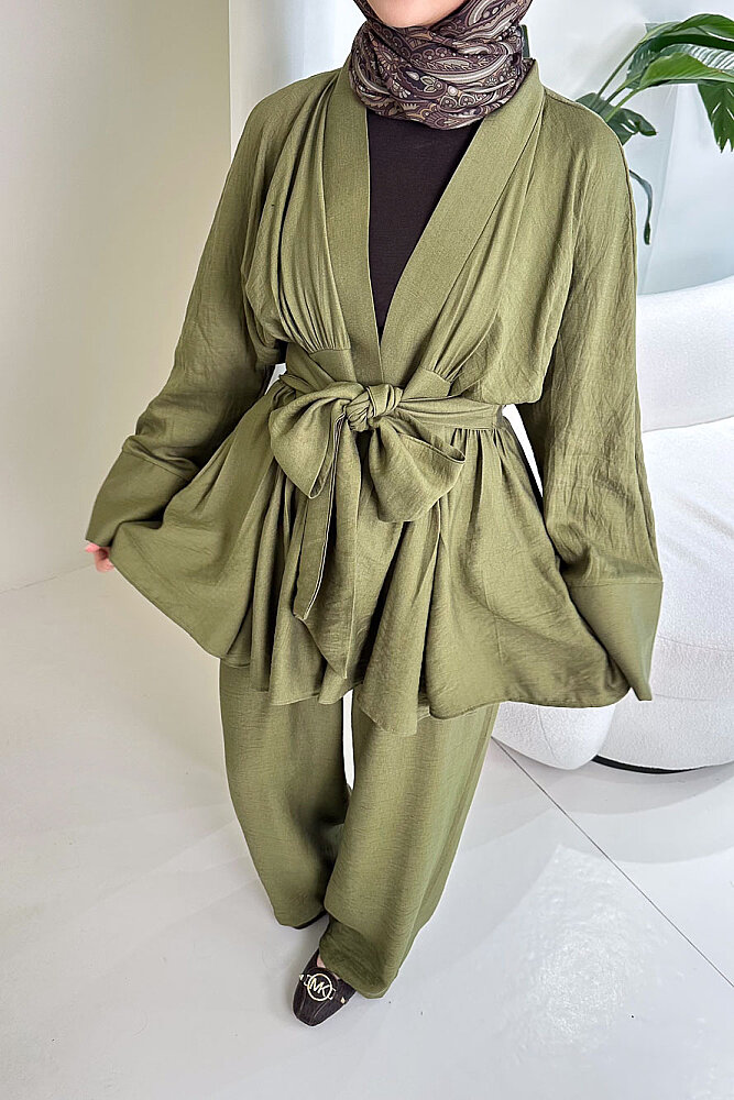 Geniş Kol Bağlama Detaylı Pantolon Takım - Haki - 3