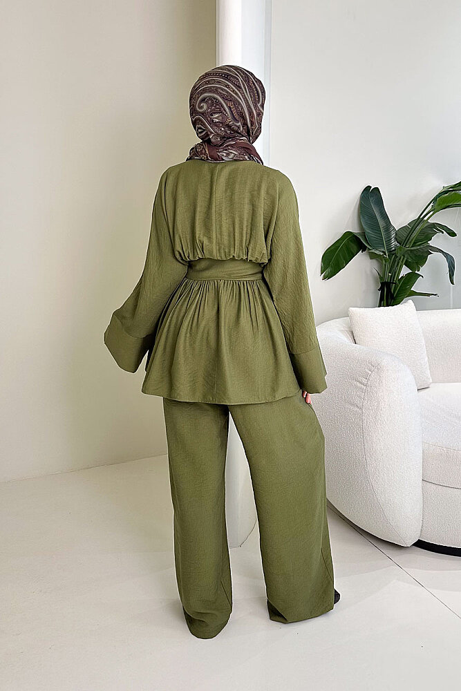 Geniş Kol Bağlama Detaylı Pantolon Takım - Haki - 8