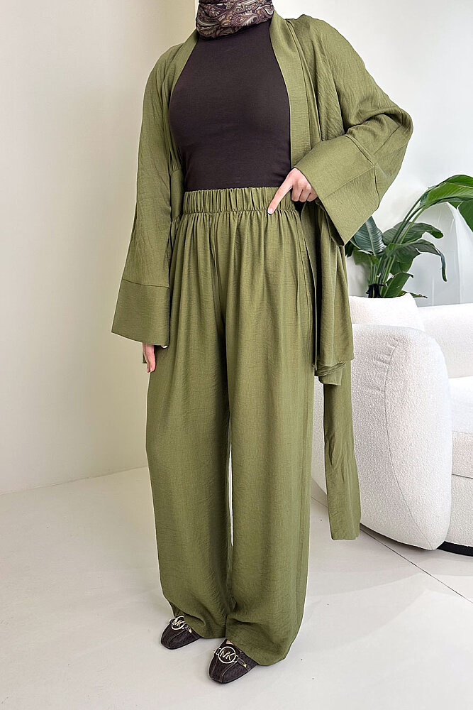 Geniş Kol Bağlama Detaylı Pantolon Takım - Haki - 7