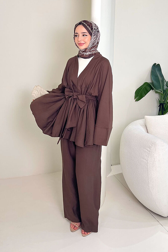 Geniş Kol Bağlama Detaylı Pantolon Takım - Kahverengi - 5