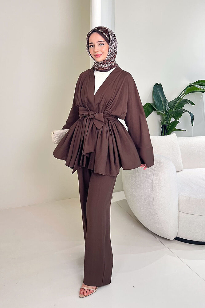 Geniş Kol Bağlama Detaylı Pantolon Takım - Kahverengi - QUB (0)