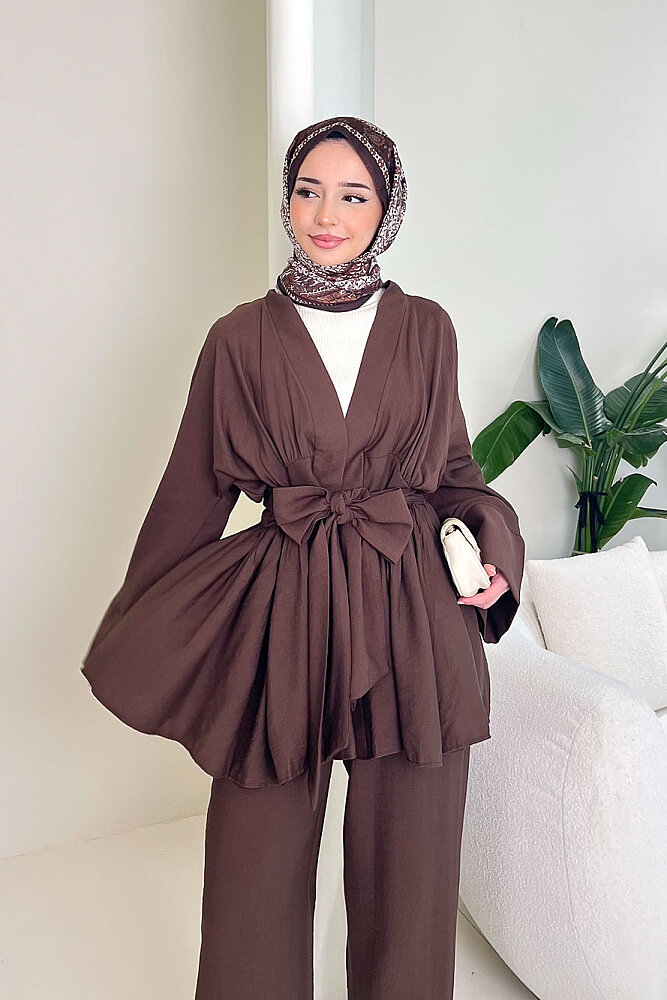 Geniş Kol Bağlama Detaylı Pantolon Takım - Kahverengi - 2