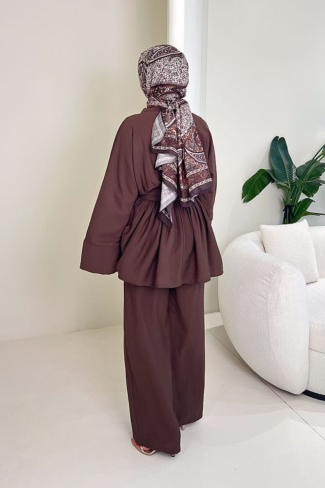 Geniş Kol Bağlama Detaylı Pantolon Takım - Kahverengi - 7