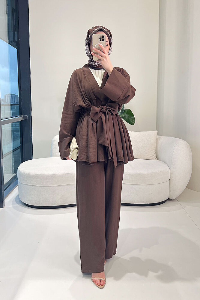 Geniş Kol Bağlama Detaylı Pantolon Takım - Kahverengi - QUB (2)