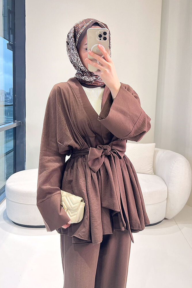 Geniş Kol Bağlama Detaylı Pantolon Takım - Kahverengi - 6