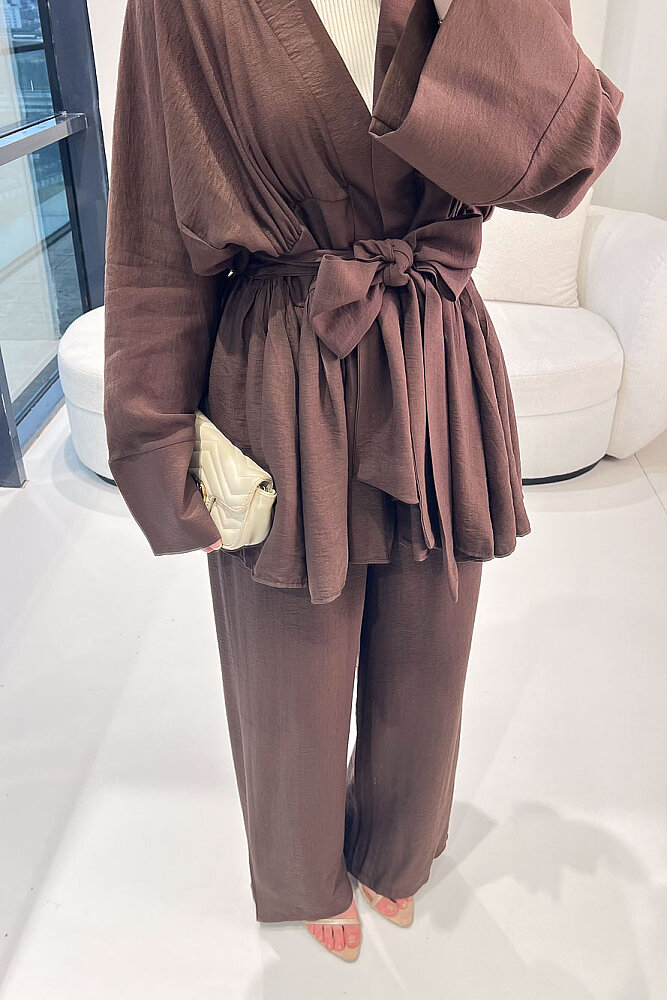 Geniş Kol Bağlama Detaylı Pantolon Takım - Kahverengi - 4