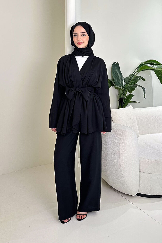 Geniş Kol Bağlama Detaylı Pantolon Takım - Siyah - 4