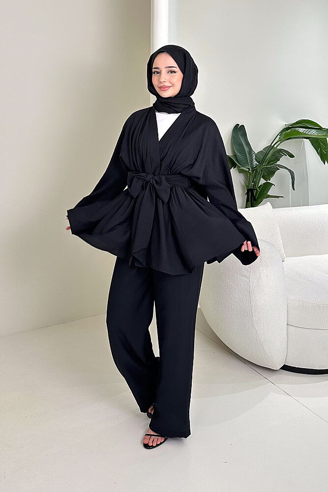 Geniş Kol Bağlama Detaylı Pantolon Takım - Siyah - QUB (0)