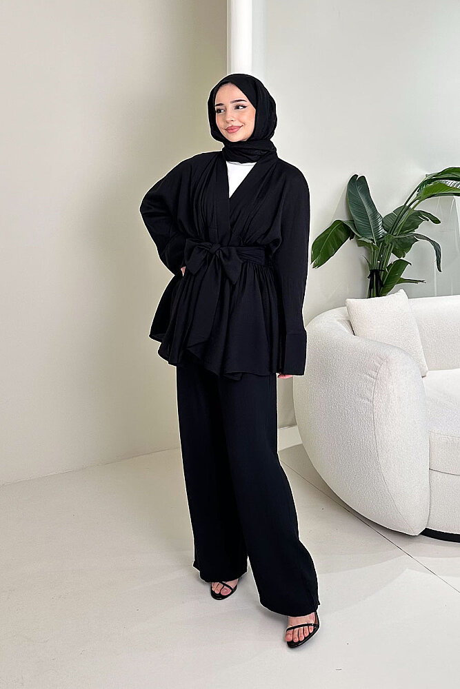 Geniş Kol Bağlama Detaylı Pantolon Takım - Siyah - QUB (5)