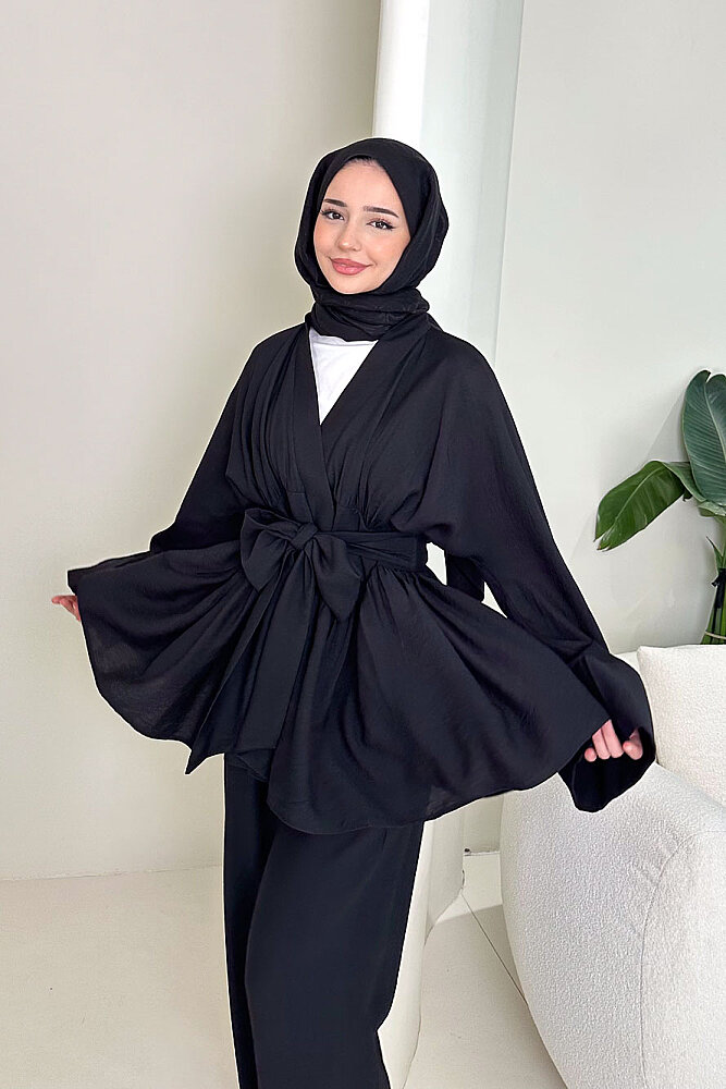 Geniş Kol Bağlama Detaylı Pantolon Takım - Siyah - 3