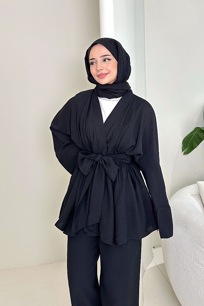 Geniş Kol Bağlama Detaylı Pantolon Takım - Siyah - 5