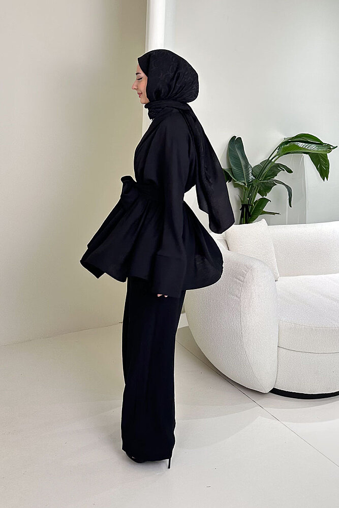 Geniş Kol Bağlama Detaylı Pantolon Takım - Siyah - 2