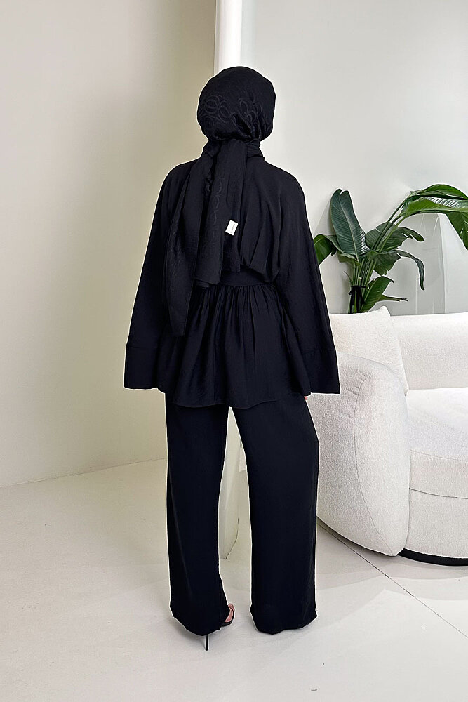Geniş Kol Bağlama Detaylı Pantolon Takım - Siyah - 8