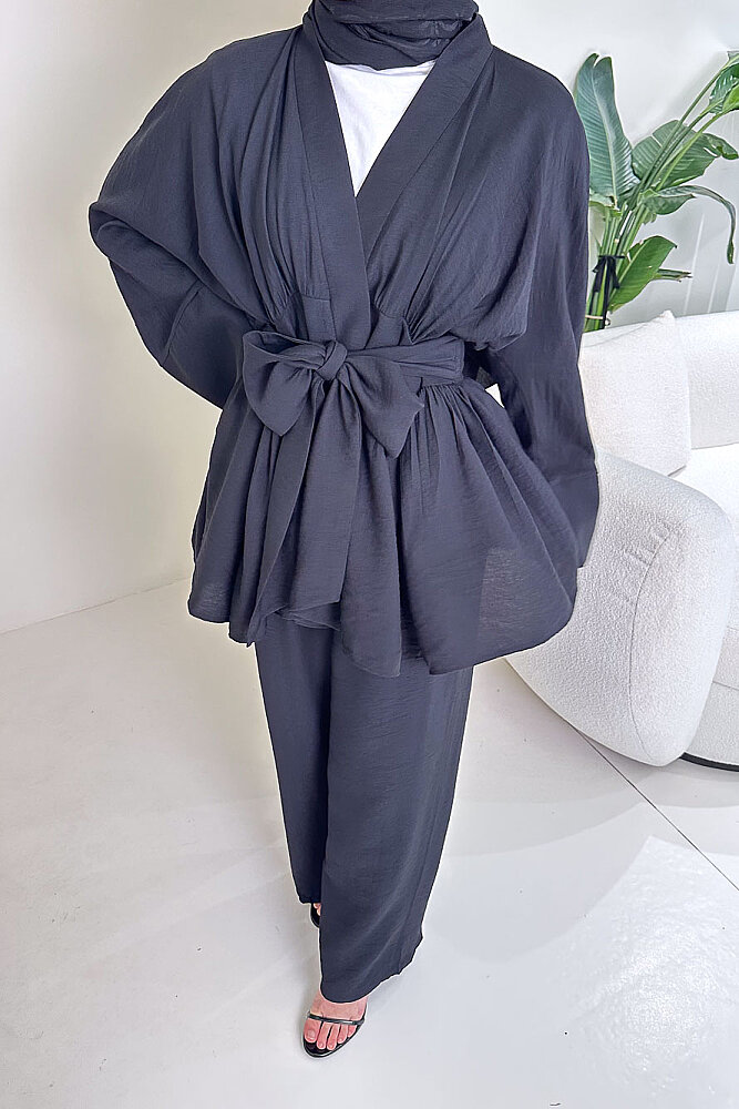 Geniş Kol Bağlama Detaylı Pantolon Takım - Siyah - 7