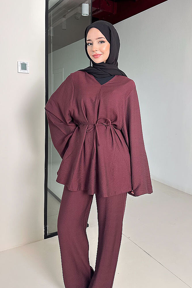 Geniş Kol Parçalı Pantolon Takım - Bordo - QUB (0)