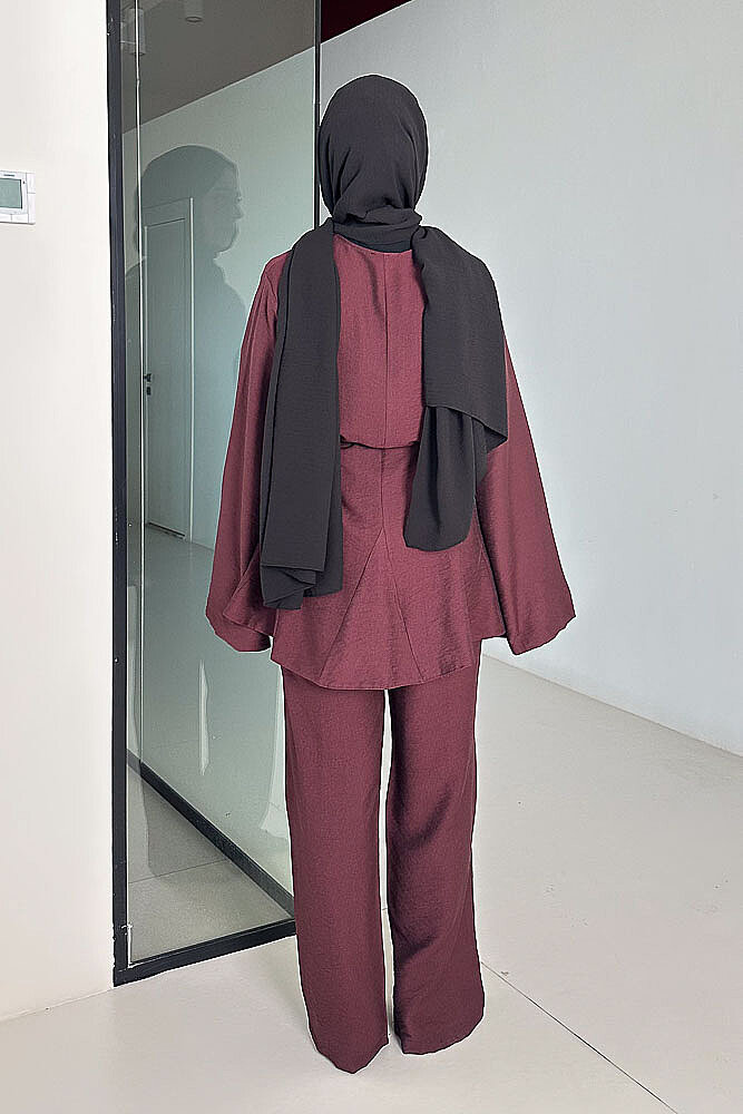 Geniş Kol Parçalı Pantolon Takım - Bordo - QUB (5)