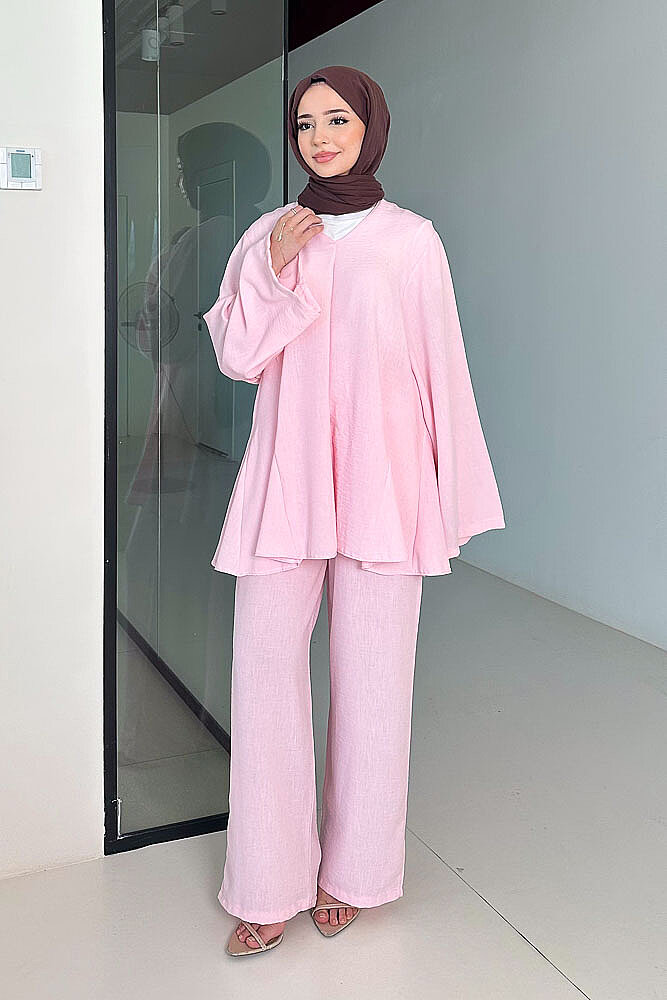 Geniş Kol Parçalı Pantolon Takım - Pembe - QUB (2)