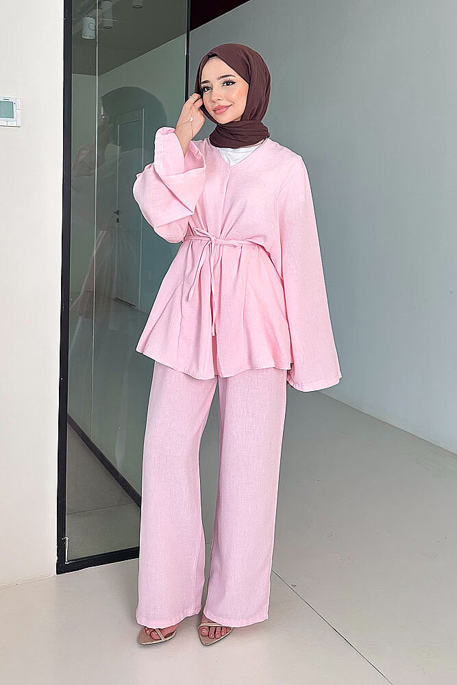 Geniş Kol Parçalı Pantolon Takım - Pembe - QUB (0)