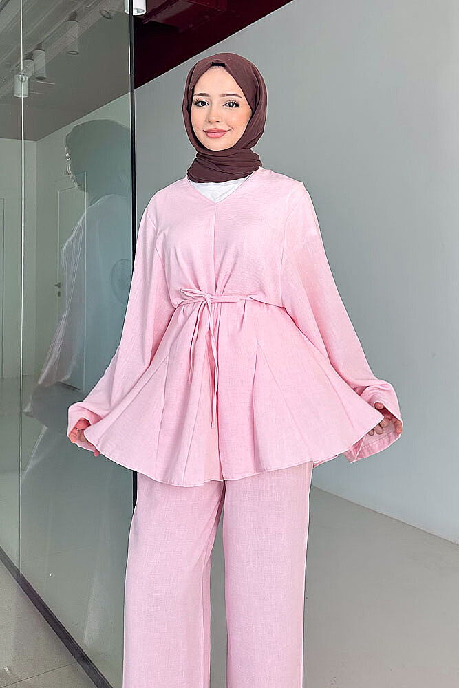 Geniş Kol Parçalı Pantolon Takım - Pembe - QUB (4)