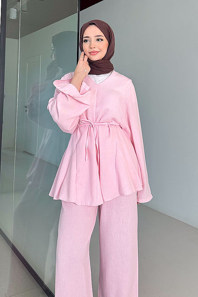 Geniş Kol Parçalı Pantolon Takım - Pembe - 2